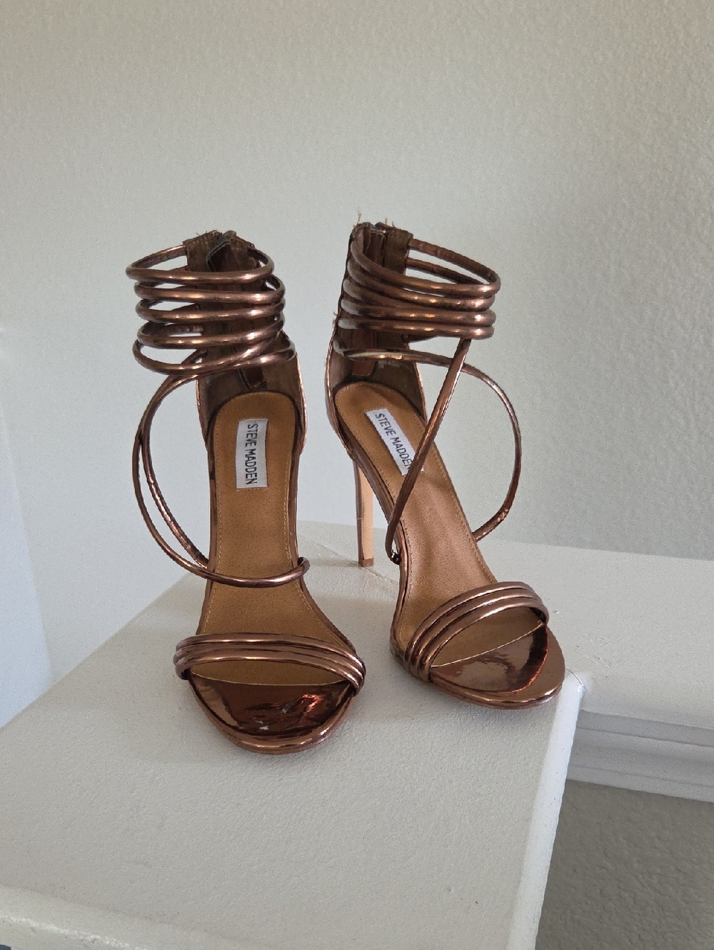 Steve Madden Metallic Copper Rose Gold Wrap-Strap Stiletto Sandals Size 8.5